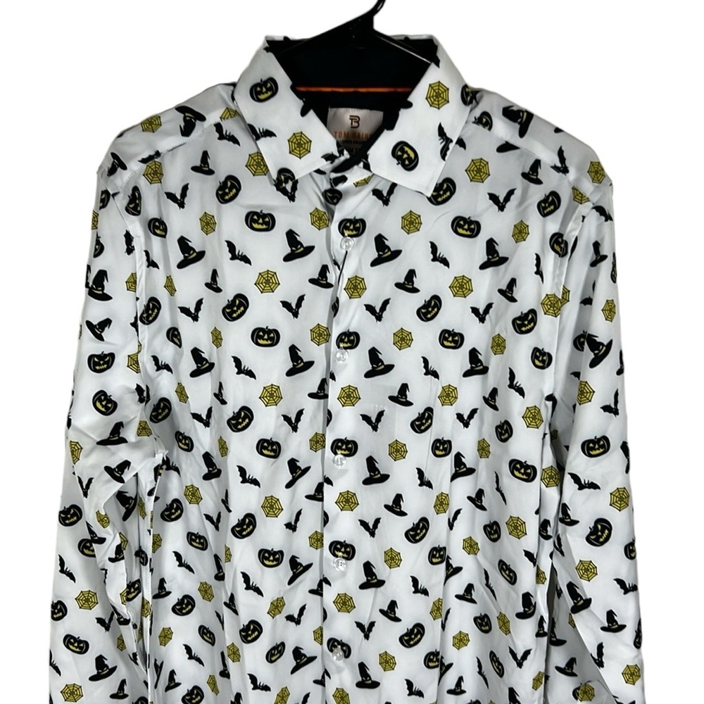 Tom Baine Mens L Halloween Hat Pumpkin All Over Print Button Down Slim Fit